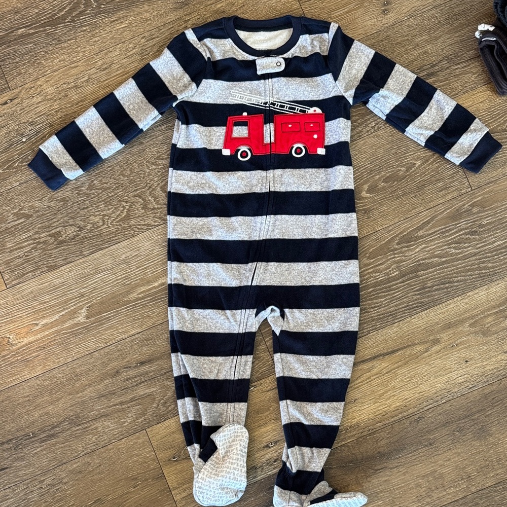 Carter's Navy and Gray Striped Fire Truck Footie